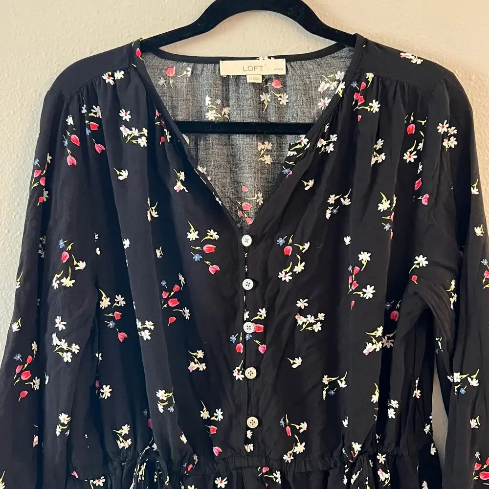 LOFT Petites Floral Side Tie Button Dress Black Long Sleeve Size Large Petite - Picture 3 of 6